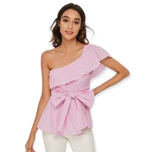 One Shoulder Bow Tie Front Cap Sleeve Ruffle Shirt